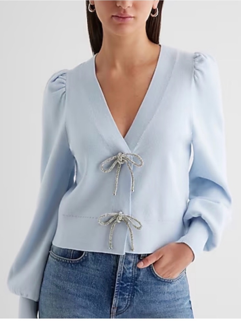 Express Light Blue V-Neck Tie-Front Puff Sleeve Sweater